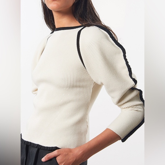 Mara Hoffman Nova Sweater in Ivory Ribbed Puff Sleeve Knit Stretch Pullover - Picture 3 of 7